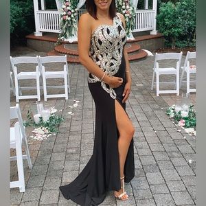 One Shoulder Black Beaded Gown Dress